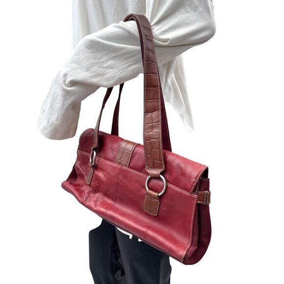 Franco Sarto Red Leather Embossed Brown Trim Shoulder Bag Dual Straps Buckle - Picture 3 of 16